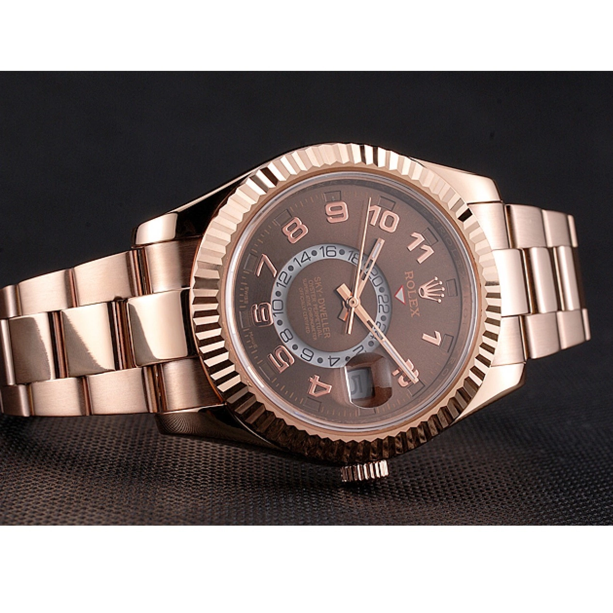 Aaa replica watch Sky Brown Case Bracelet Dweller Dial Gold Ad Rose Rolex 0629